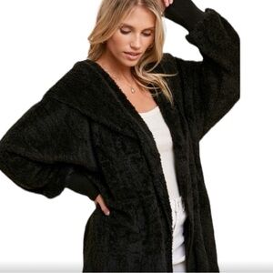 Hem & Thread | Plush Hooded Cardigan Jacket | Black | One Size | NWOT